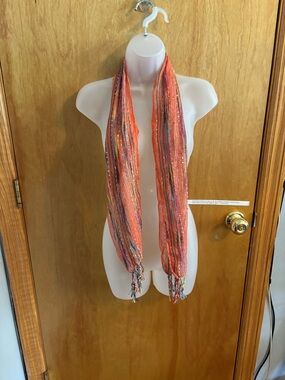 Lightweight Coral Multi-Stripe Scarf with Metallic Threads